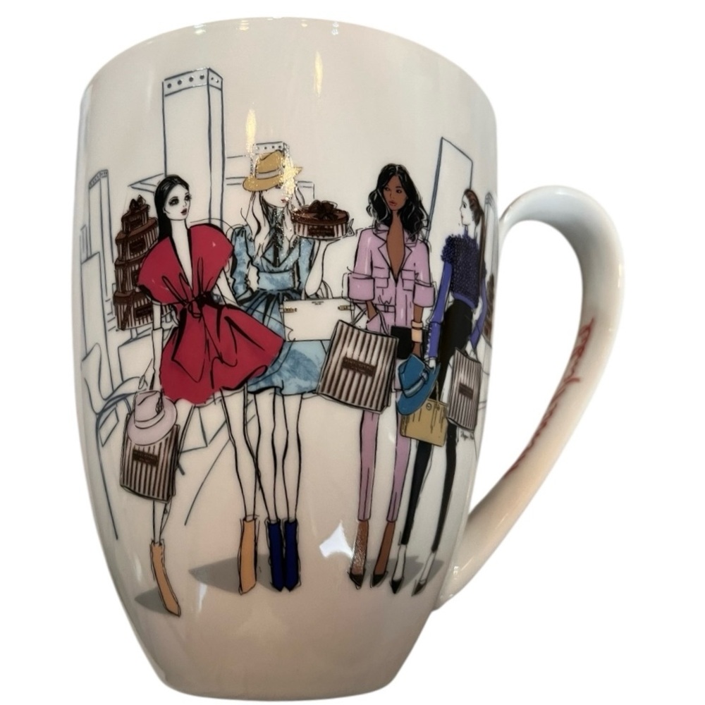 Henri Bendel NWOT, rare Shopping Girls oversized ceramic mugs in box. Set of 2.